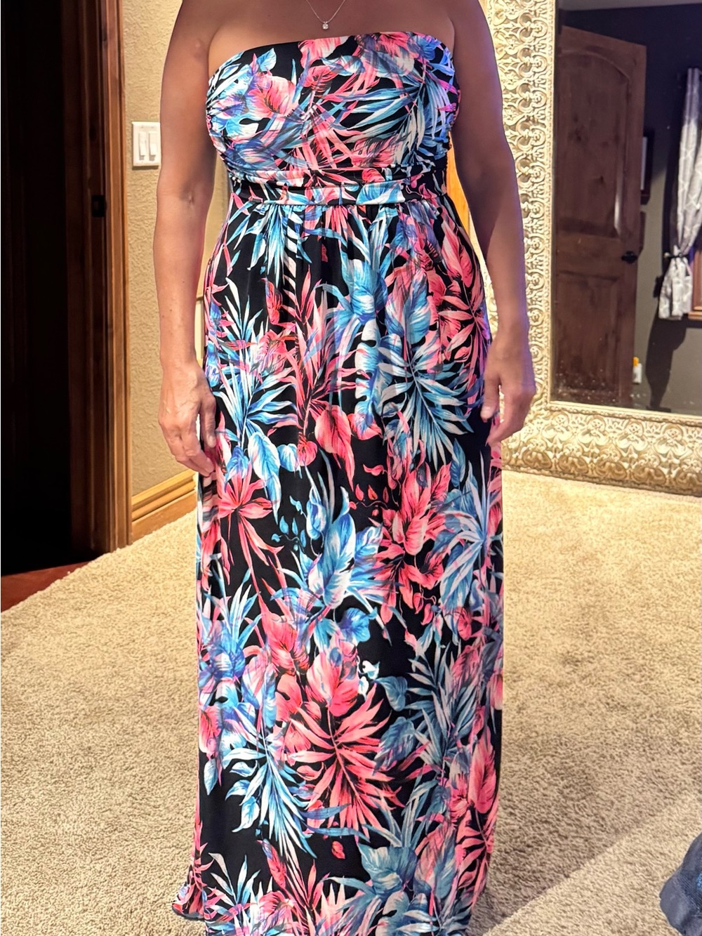 Filly Flair Strapless Tropical Maxi Dress in Black with Pink & Blue Floral Print